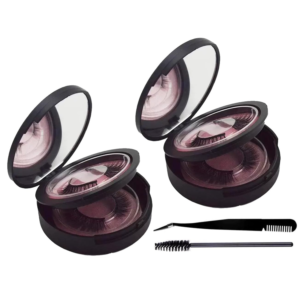 Boîtier SiSiMu pour cils à deux niveaux avec miroir noir, ouvert, pratique en voyage.