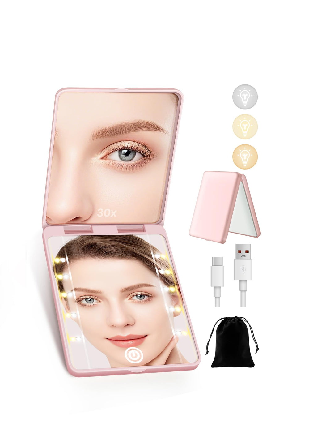 Miroir SisKokoro compact double-face 30x illuminé, idéal pour un maquillage précis.