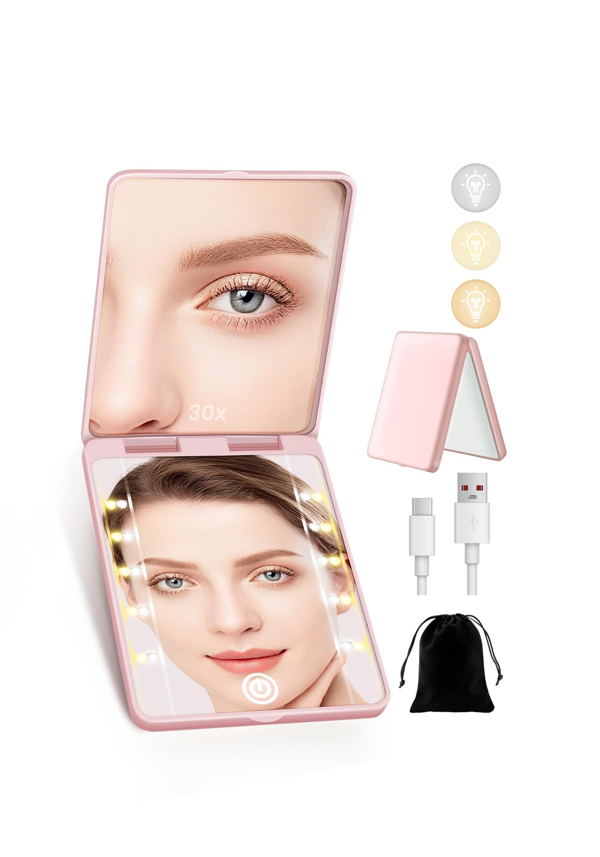 Miroir SisKokoro compact double-face 30x illuminé, idéal pour un maquillage précis.