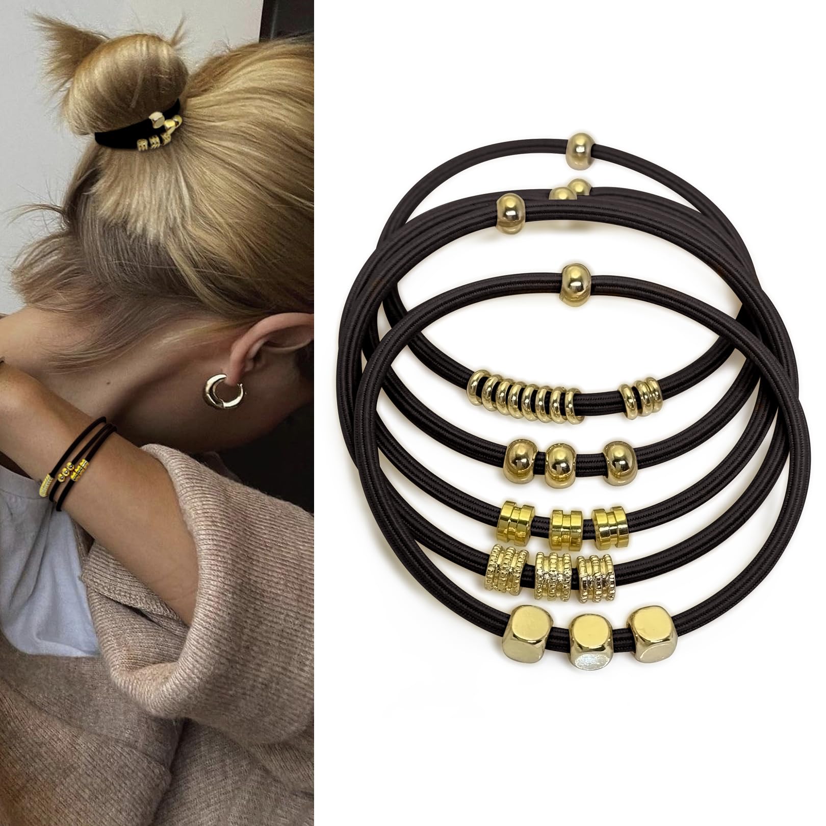 SISYOUP elastique cheveux boho avec perles dorées, maintien doux et élégant.