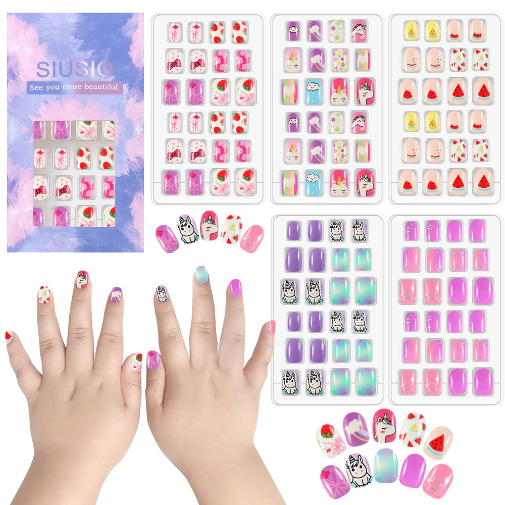 Ongles SIUSIO pour enfants avec motif arc-en-ciel et licorne, prêt à poser