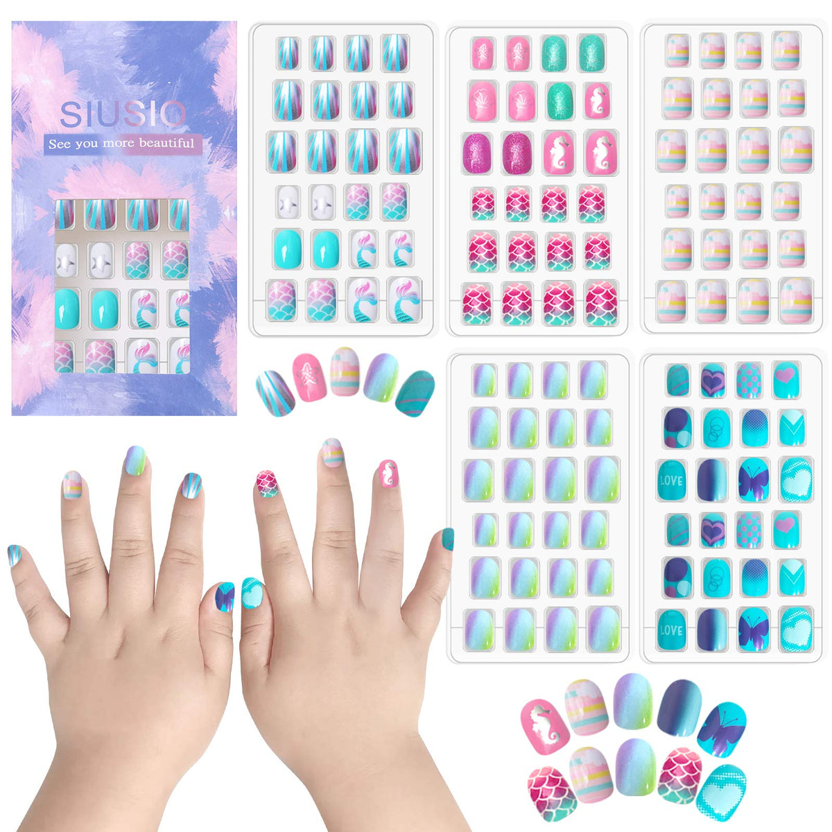 Ongles Siusio pour enfants, pack 5 pré-collés, pose rapide et amusante.