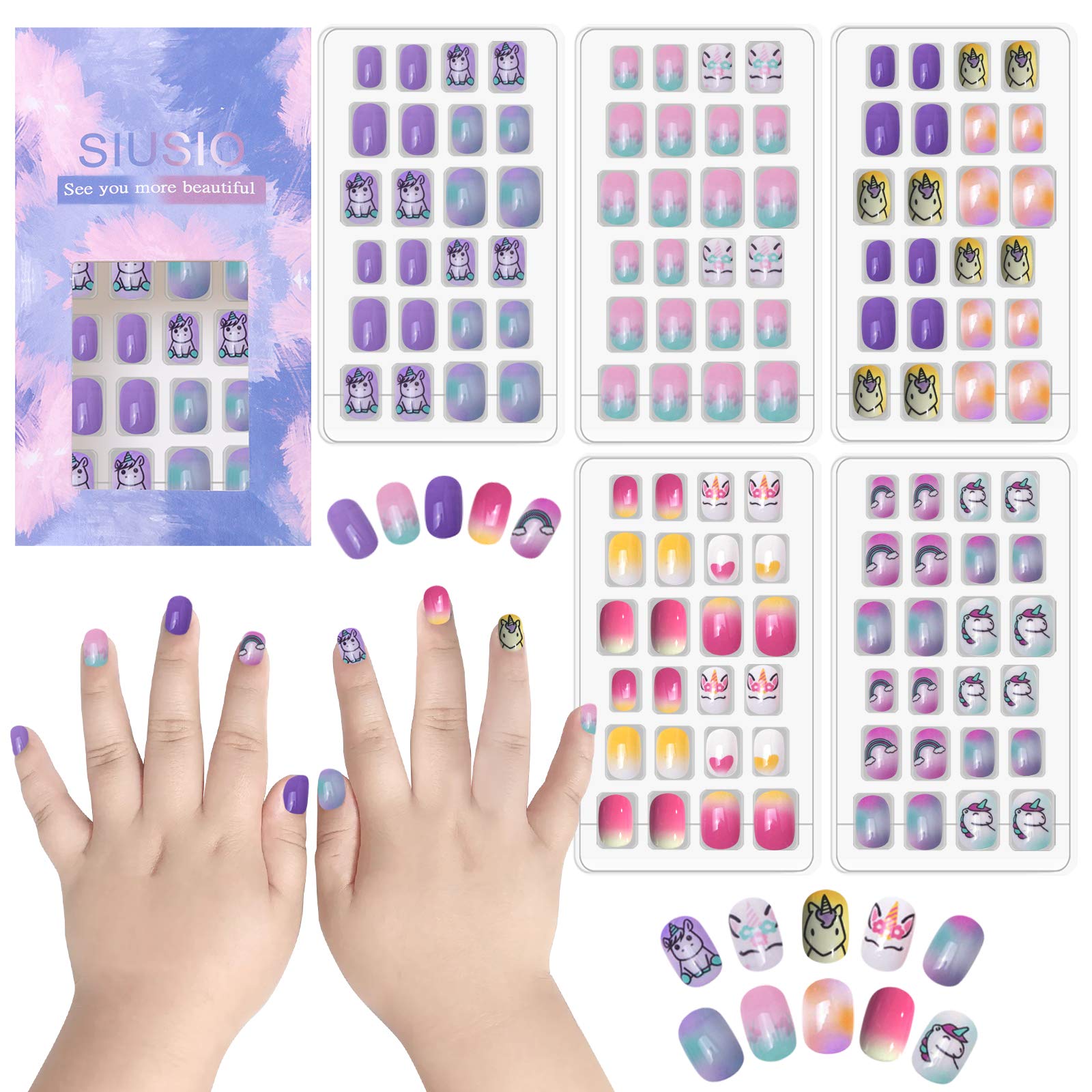 Ongles Siusio pour enfants arc-en-ciel étincelants, faciles à poser sur les petites mains.