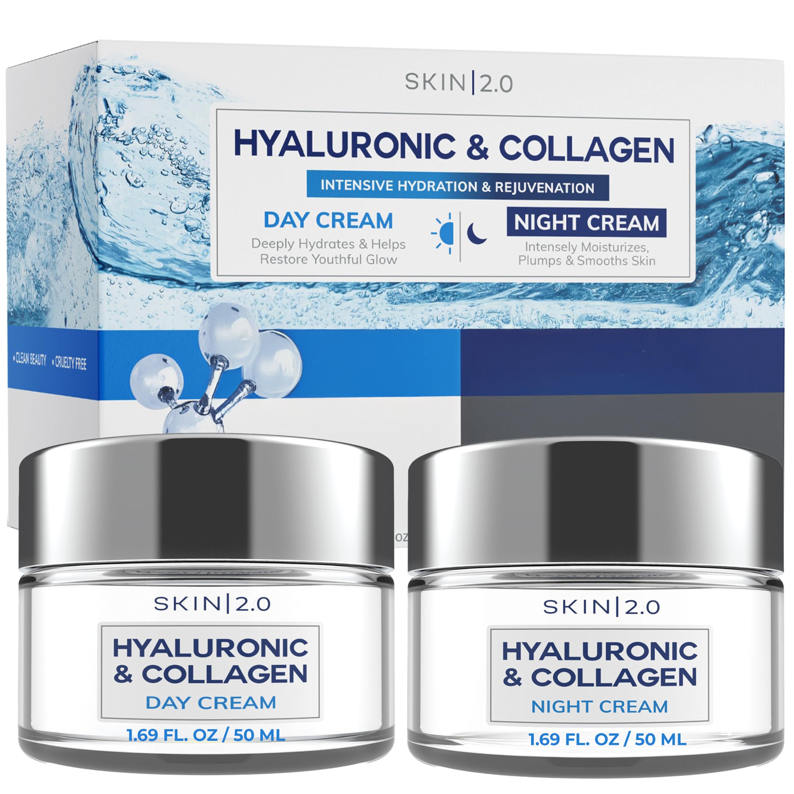 Skin 2.0 Hyaluronic Acid Day Cream packaging showcases clean beauty and vegan formula