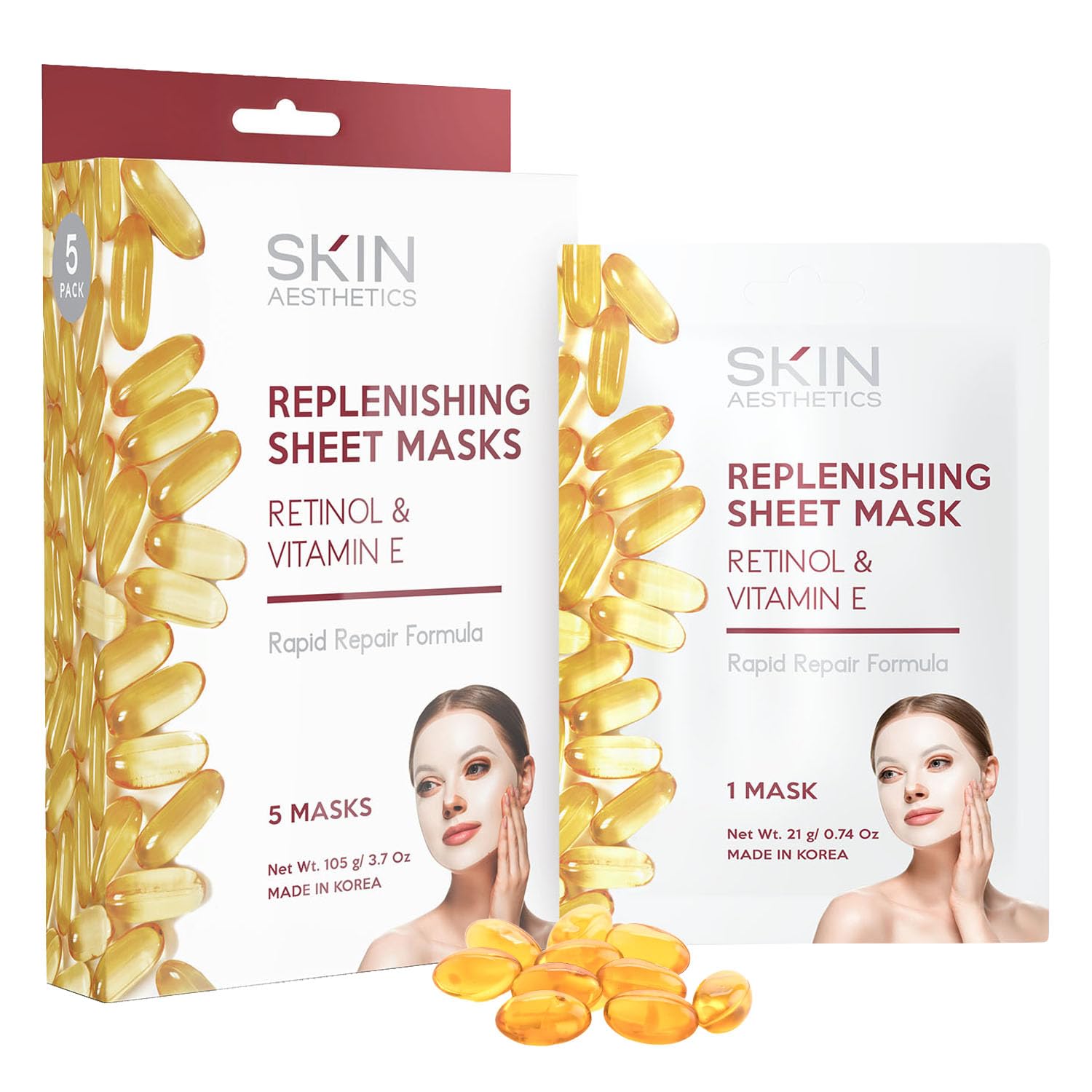 Masque visage Skin Aesthetics avec retinol et vitamine E, emballage élégant.