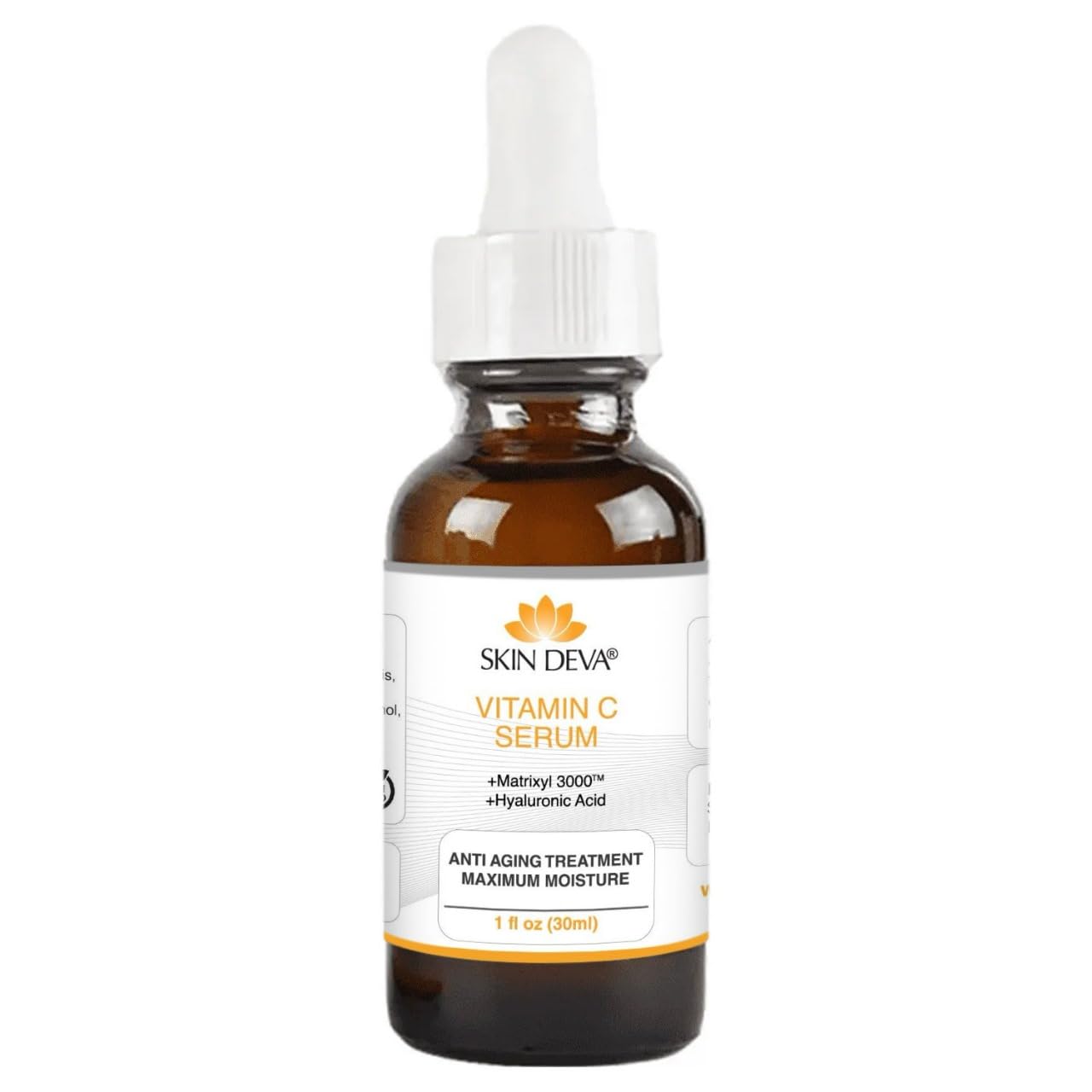 Sérum SKIN DEVA : bouteille vitamine C et hyaluronique pour peau lumineuse.