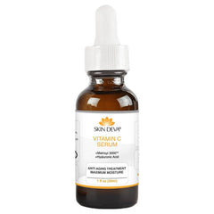 Sérum SKIN DEVA : bouteille vitamine C et hyaluronique pour peau lumineuse.
