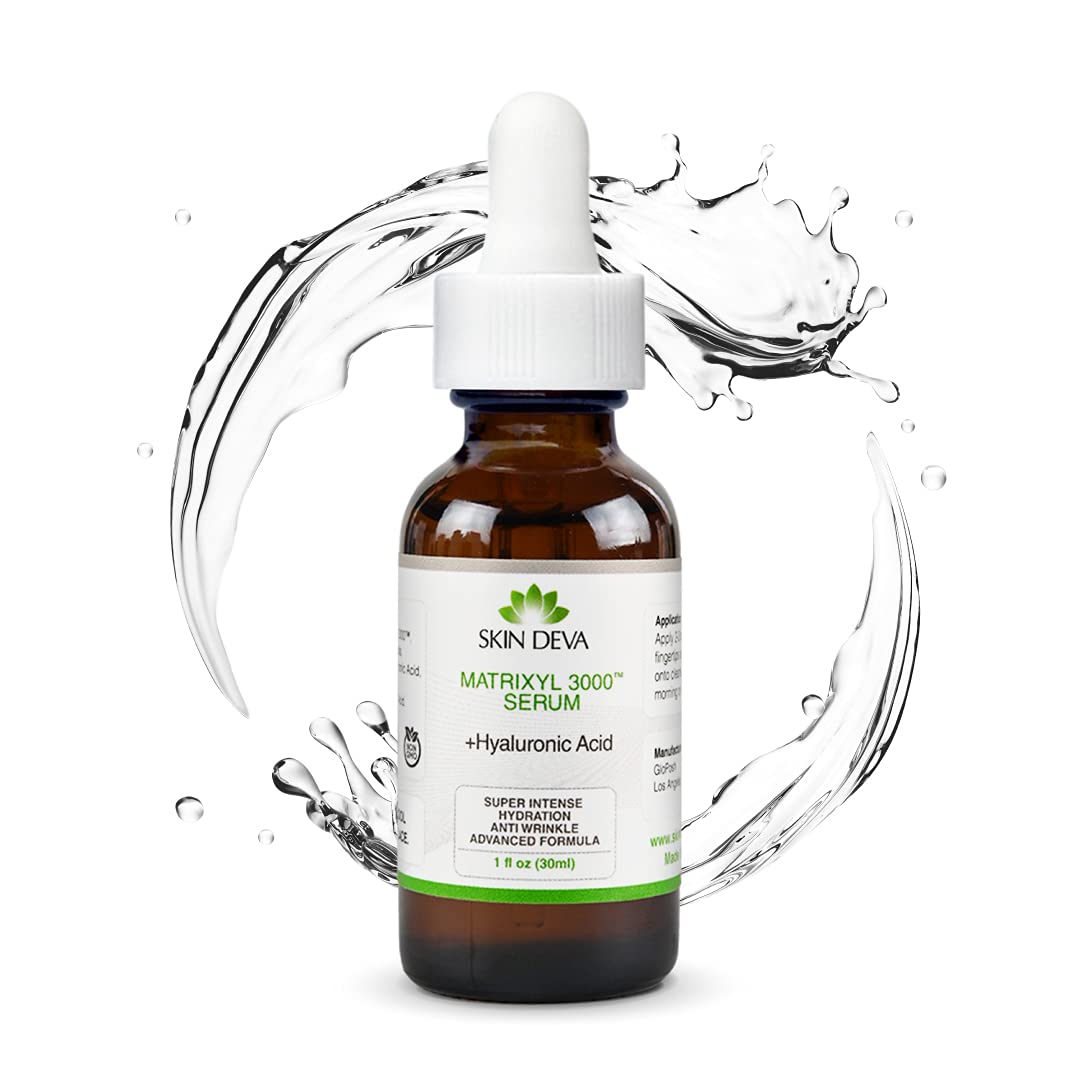 Sérum SKIN DEVA Matrixyl 3000 avec acide hyaluronique dans la bouteille, hydratation durable.