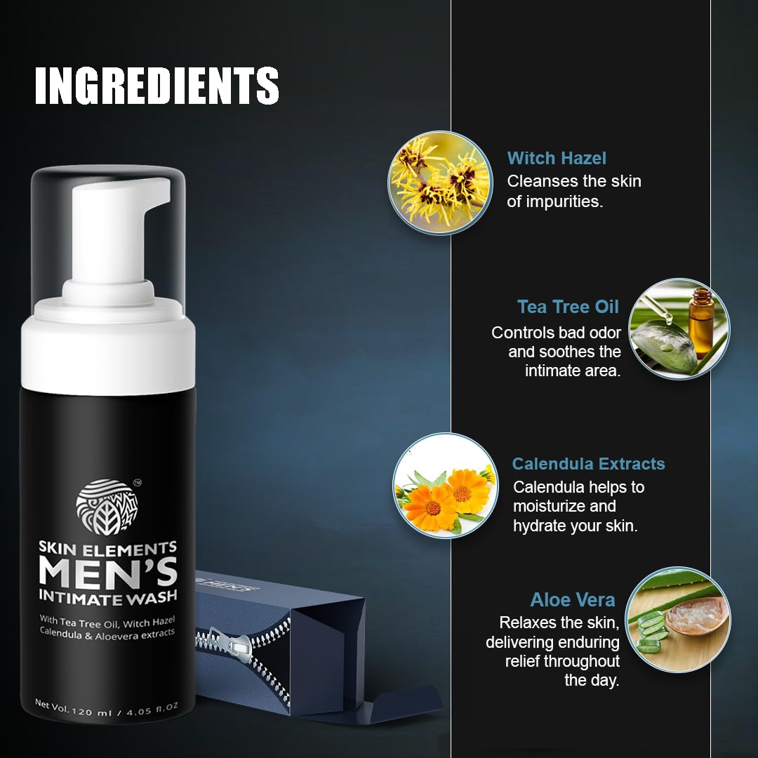 Skin Elements Nettoyant intime pour hommes, gel enrichi d'aloé vera, hydratation légère sans gras.