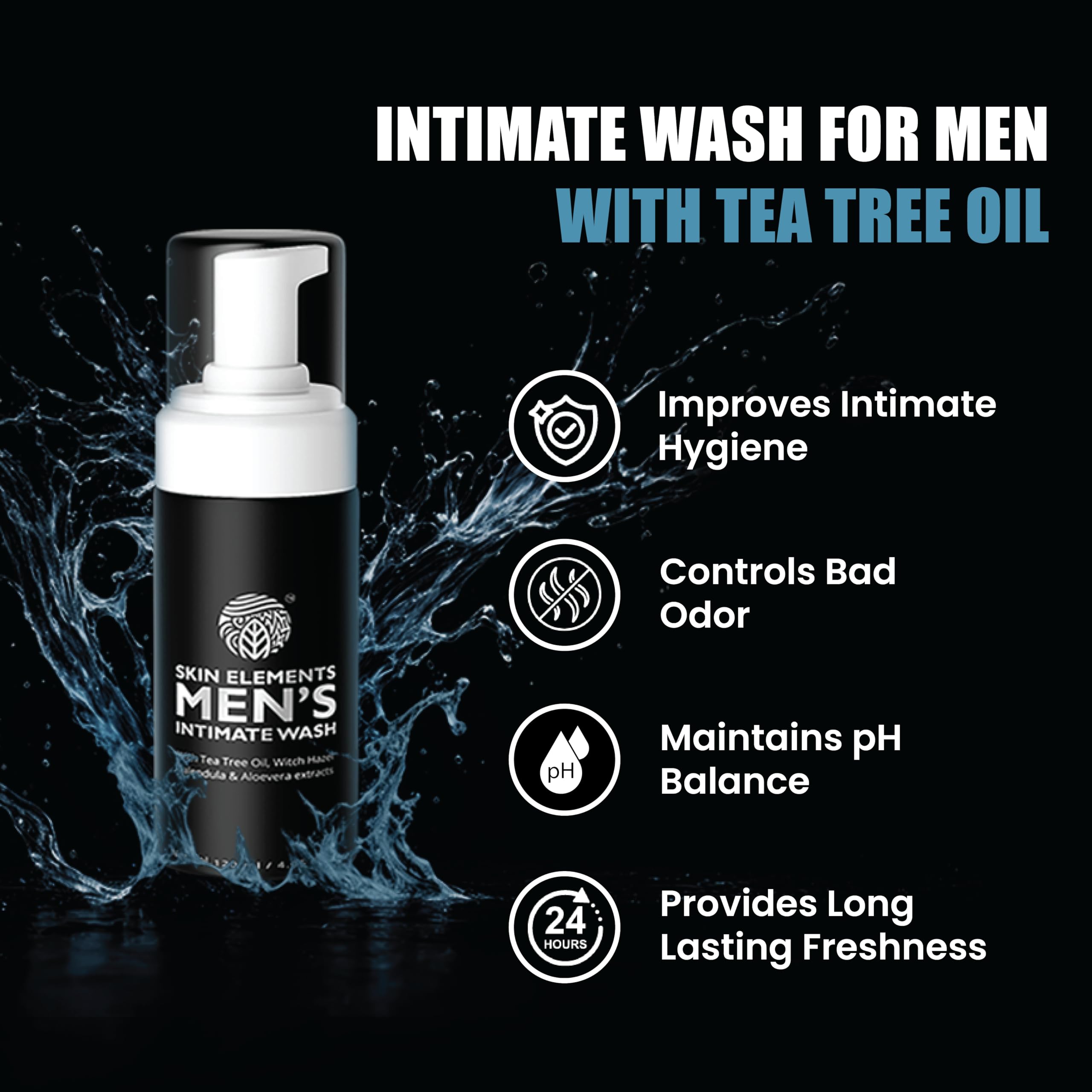 Skin Elements Nettoyant intime pour hommes, flacon translucide, touches d'arbre à thé et de fraîcheur.