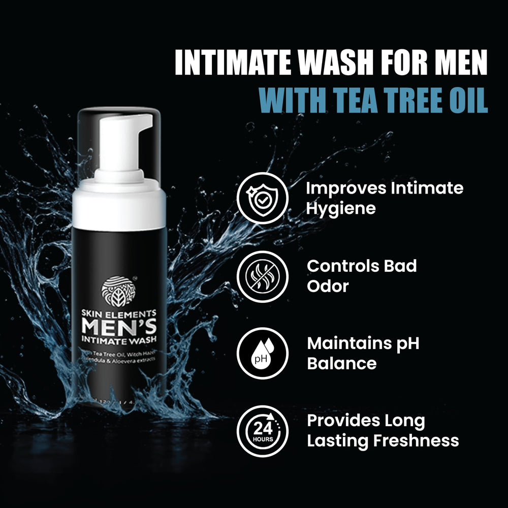 Skin Elements Nettoyant intime pour hommes, flacon translucide, touches d'arbre à thé et de fraîcheur.