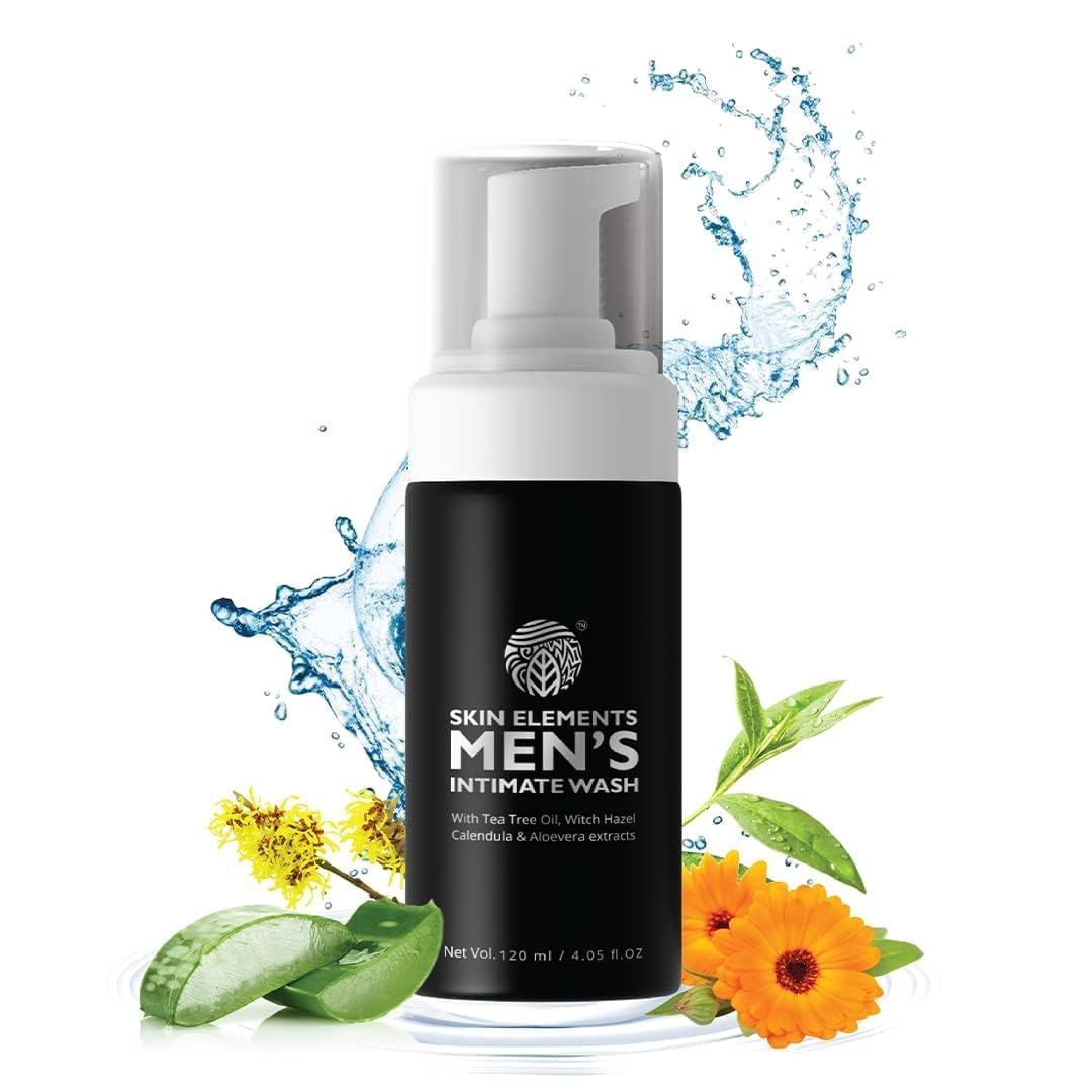 Skin Elements Nettoyant intime pour hommes, bouteille mousseuse, arôme arbre à thé pour une fraîcheur durable.