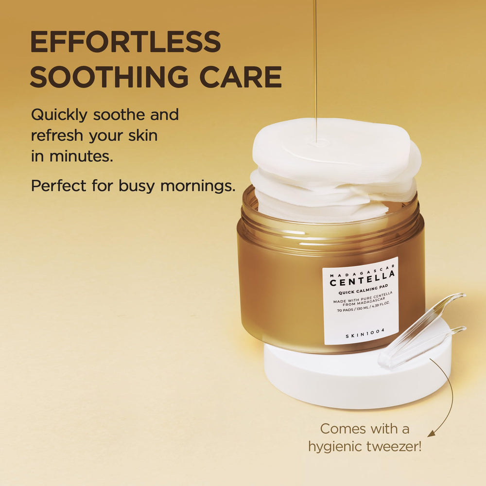SKIN1004 Centella Quick Calming Pad – flacon et solution hydratante pour peau fraîche.