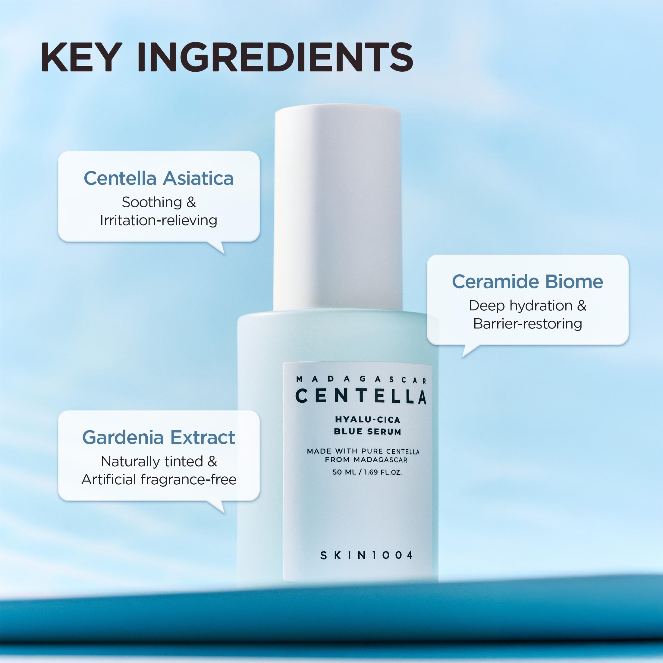 SKIN1004 Hyalu-Cica Blue Serum – texture lumineuse prête à être appliquée.