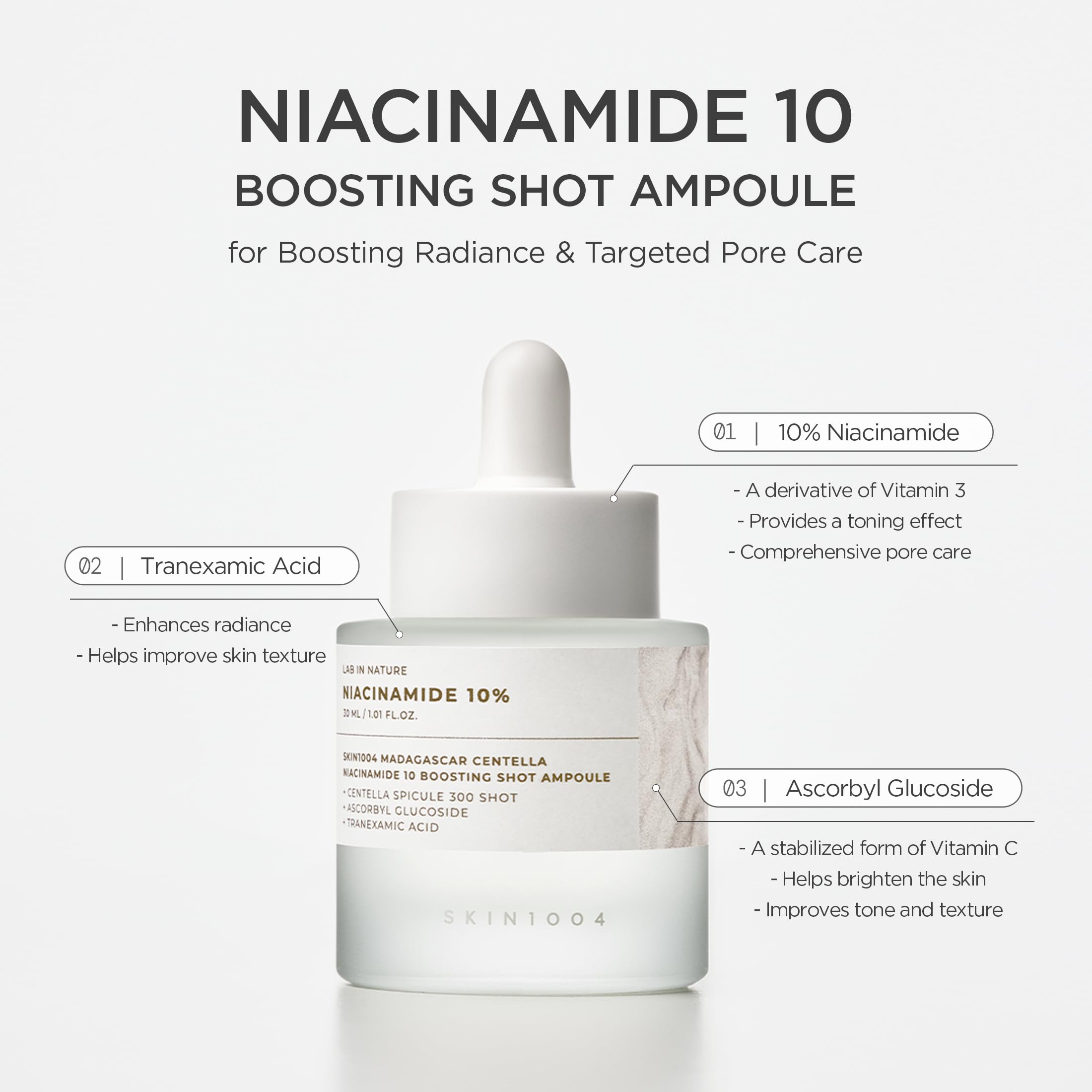 SKIN1004 Niacinamide 10% texture-serum sur peau pour douceur.