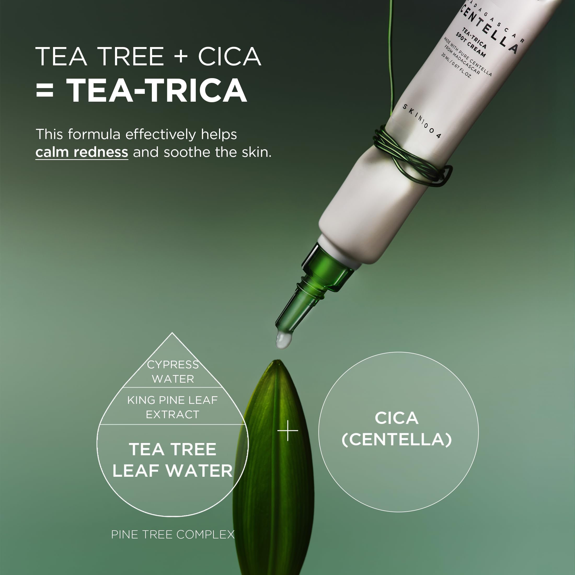 Zone ciblée traitée avec SKIN1004 Tea-Trica Spot Cream pour hydratation légère.