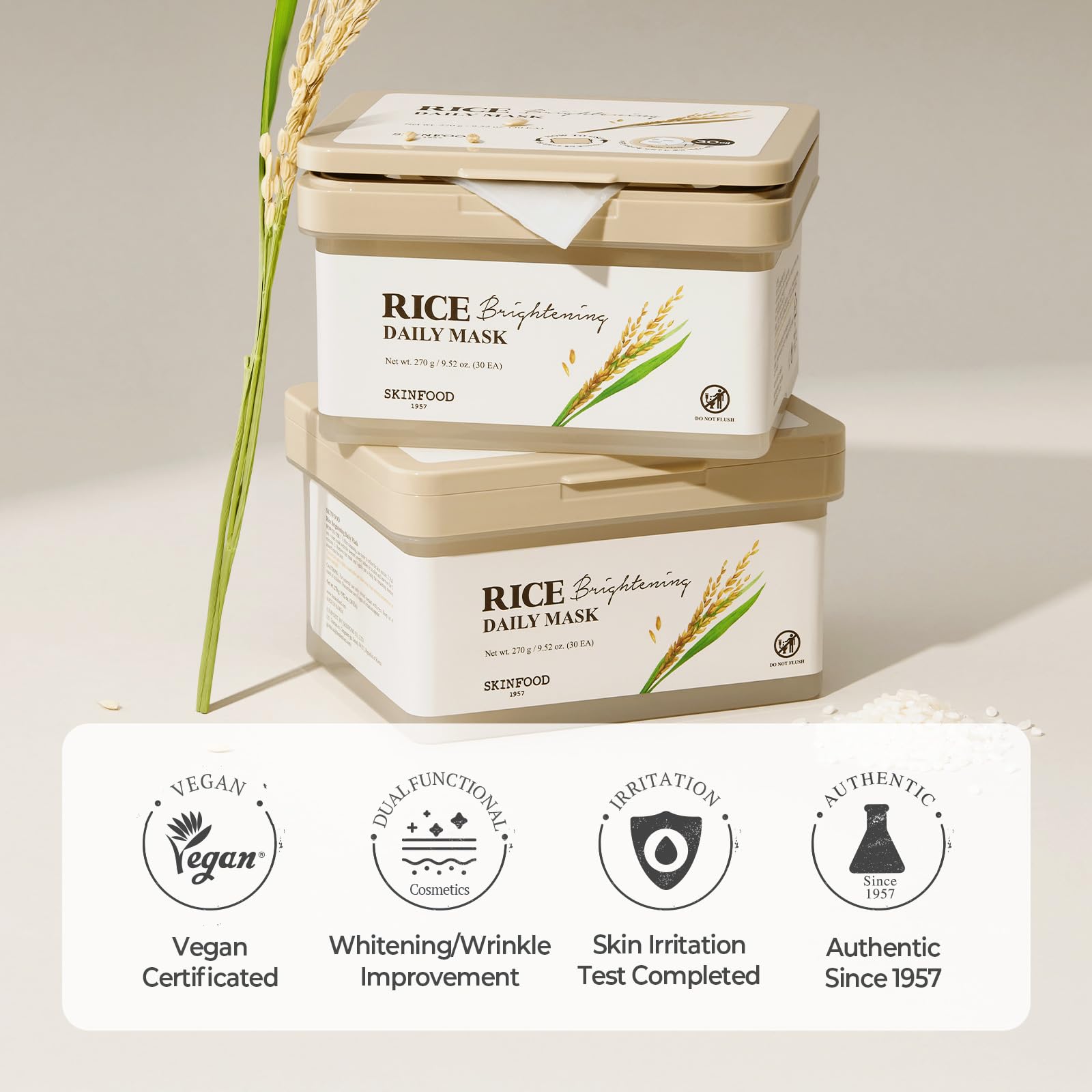 Lot de 30 masques pour une routine continue avec SKINFOOD Rice Daily.