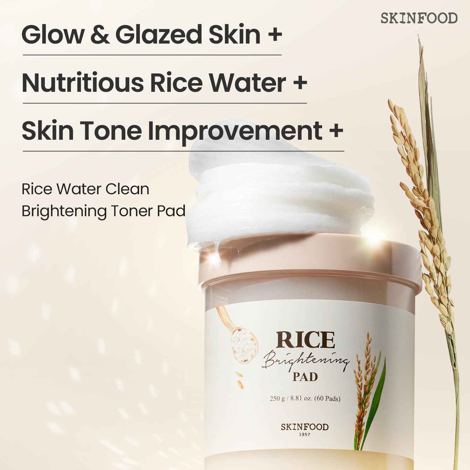 Tampons SKINFOOD imbibés d'essence au riz pour hydratation.