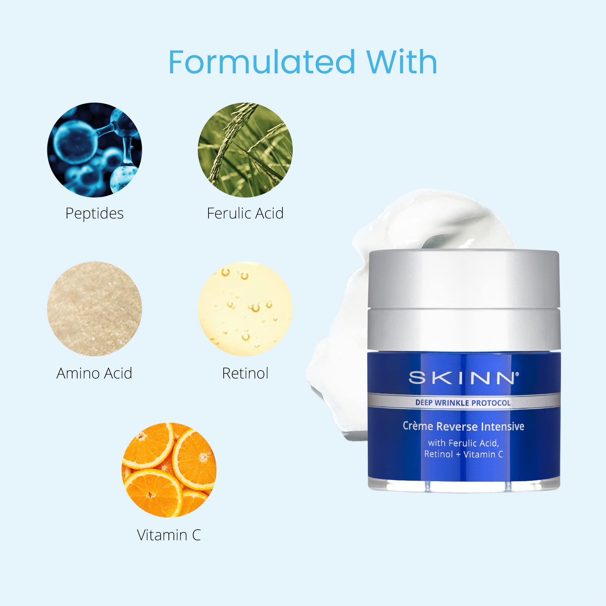 Sphères hyaluroniques SKINN Reverse offrant hydratation instantanée et effet repulpant.