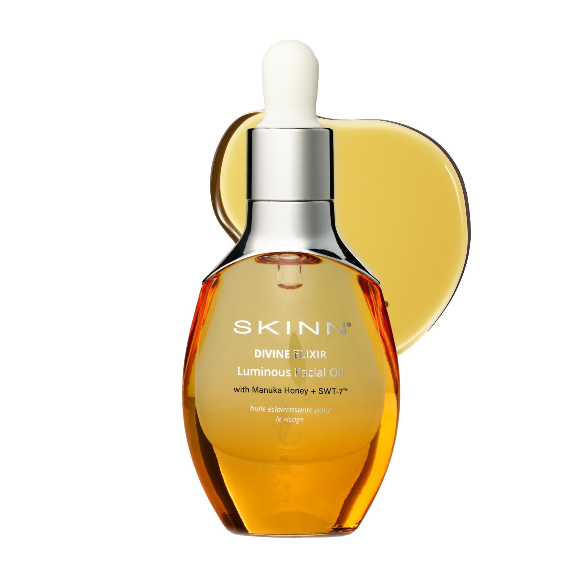 Flacon pompe SKINN huile visage lumineuse, hydratation rapide et éclat durable.