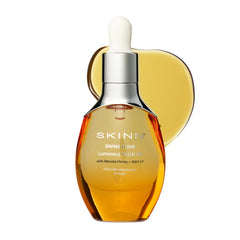Flacon pompe SKINN huile visage lumineuse, hydratation rapide et éclat durable.