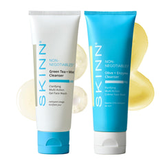 SKINN Jour-Nuit Nettoyant Visage, bouteille verte, rituel quotidien frais et équilibré.