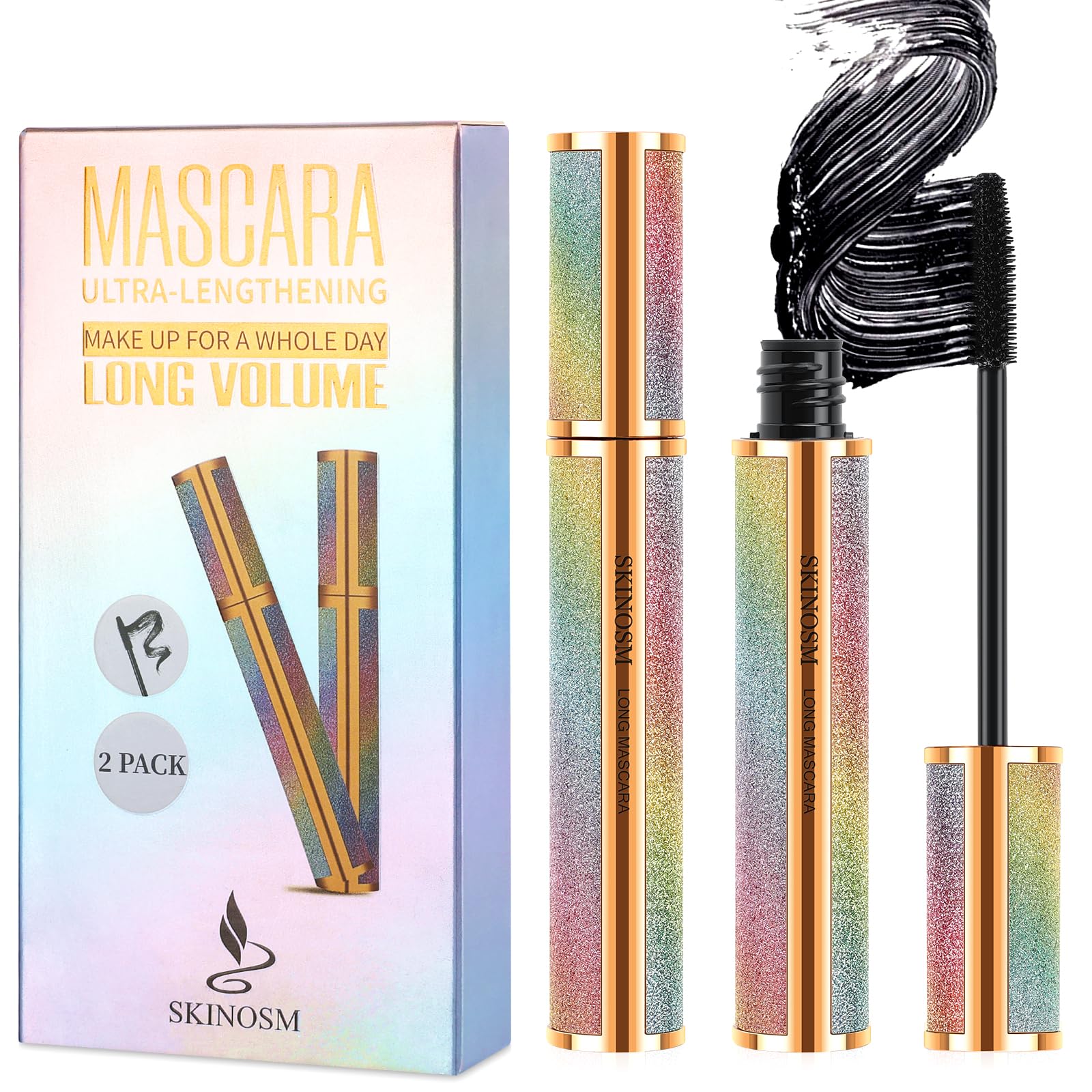 SKINOSM Mascara 4D Soie montre le volume et la longueur des cils.