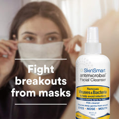 Applying SkinSmart spray to cheeks demonstrates quick non-irritating protection in public spaces