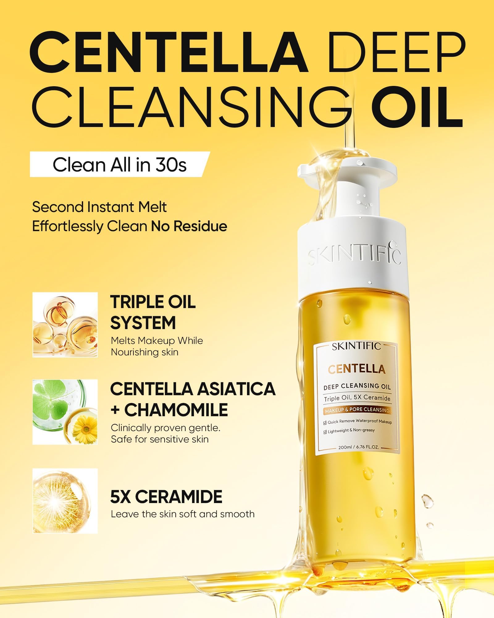 Démaquillage en douceur avec SKINTIFIC Centella: huile ciblant le maquillage imperméable sans frottement agressif.