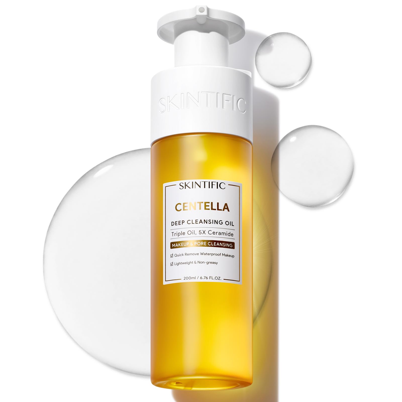 SKINTIFIC Centella huile nettoyante, bouteille: élimine rapidement le maquillage imperméable sans frottement.