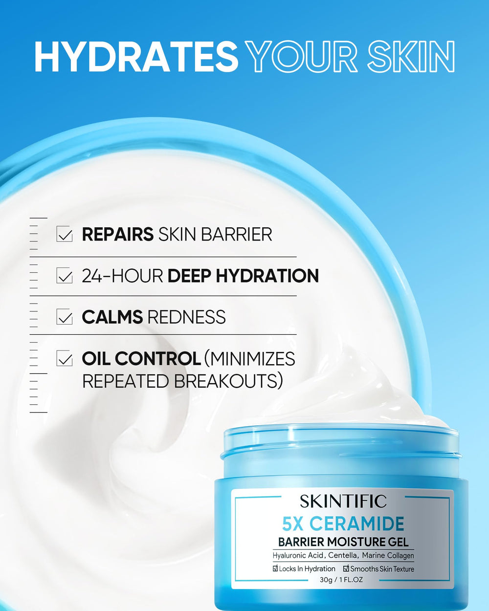 SKINTIFIC Texture gel eau absorption rapide sans résidu gras pour le quotidien.
