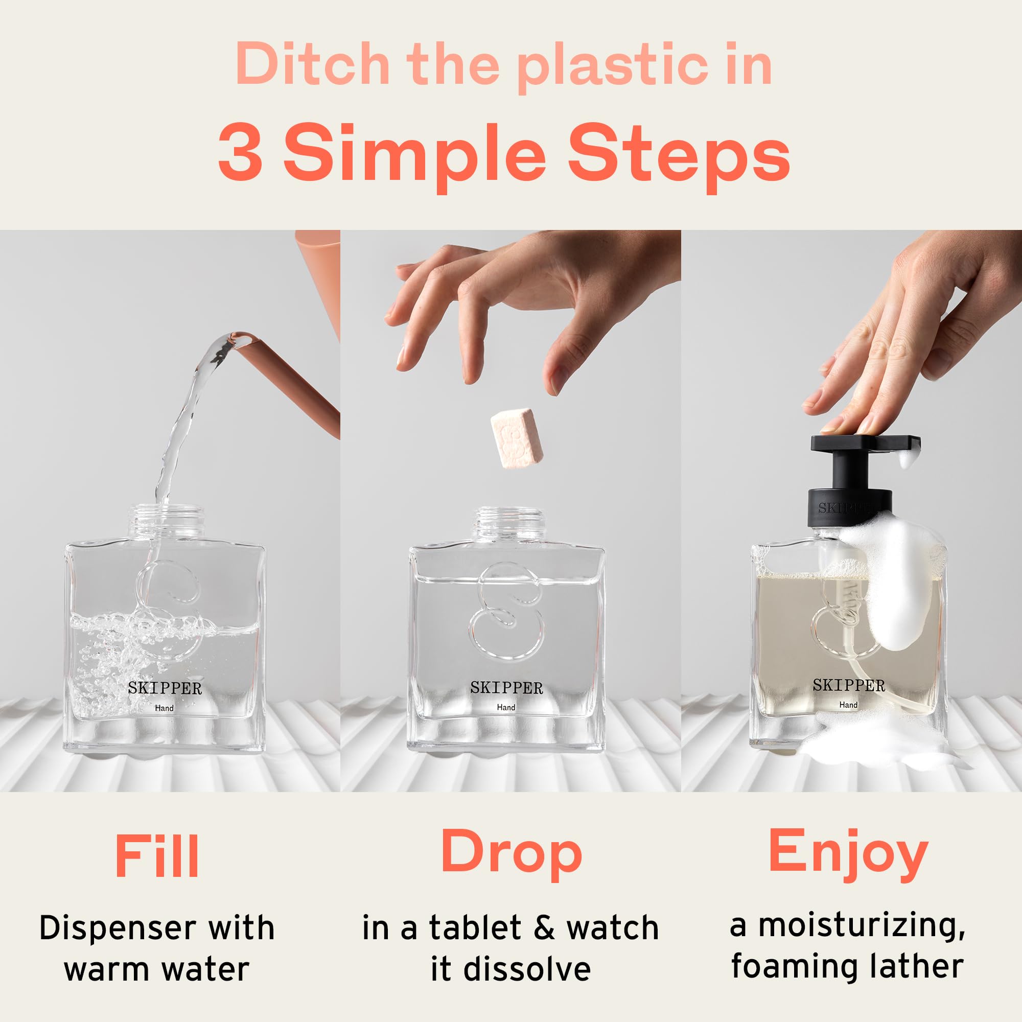 Tablettes recharge Skipper dans emballage compostable, réduction de déchets.