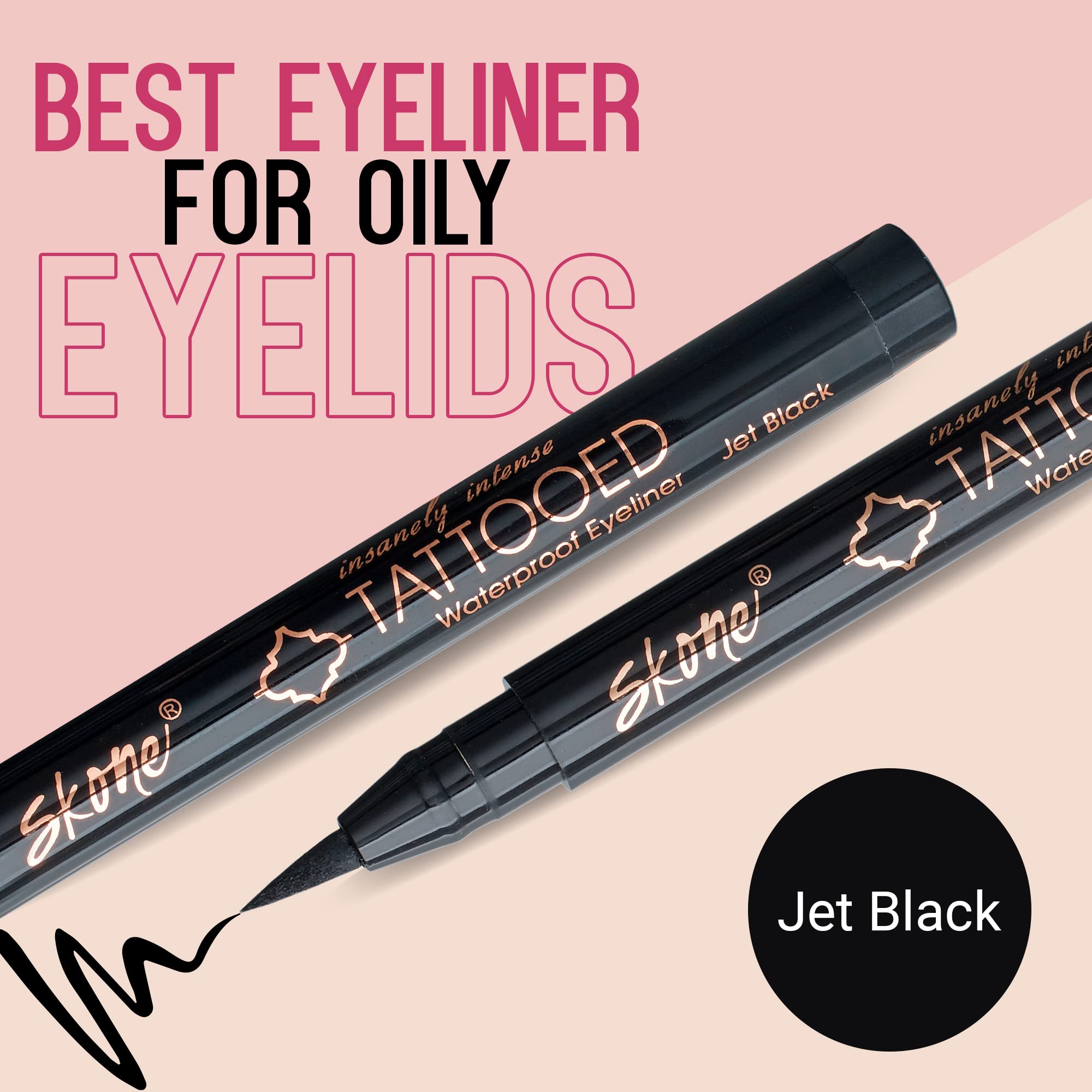 Skone felt-tip eyeliner application for precise, quick wings.
