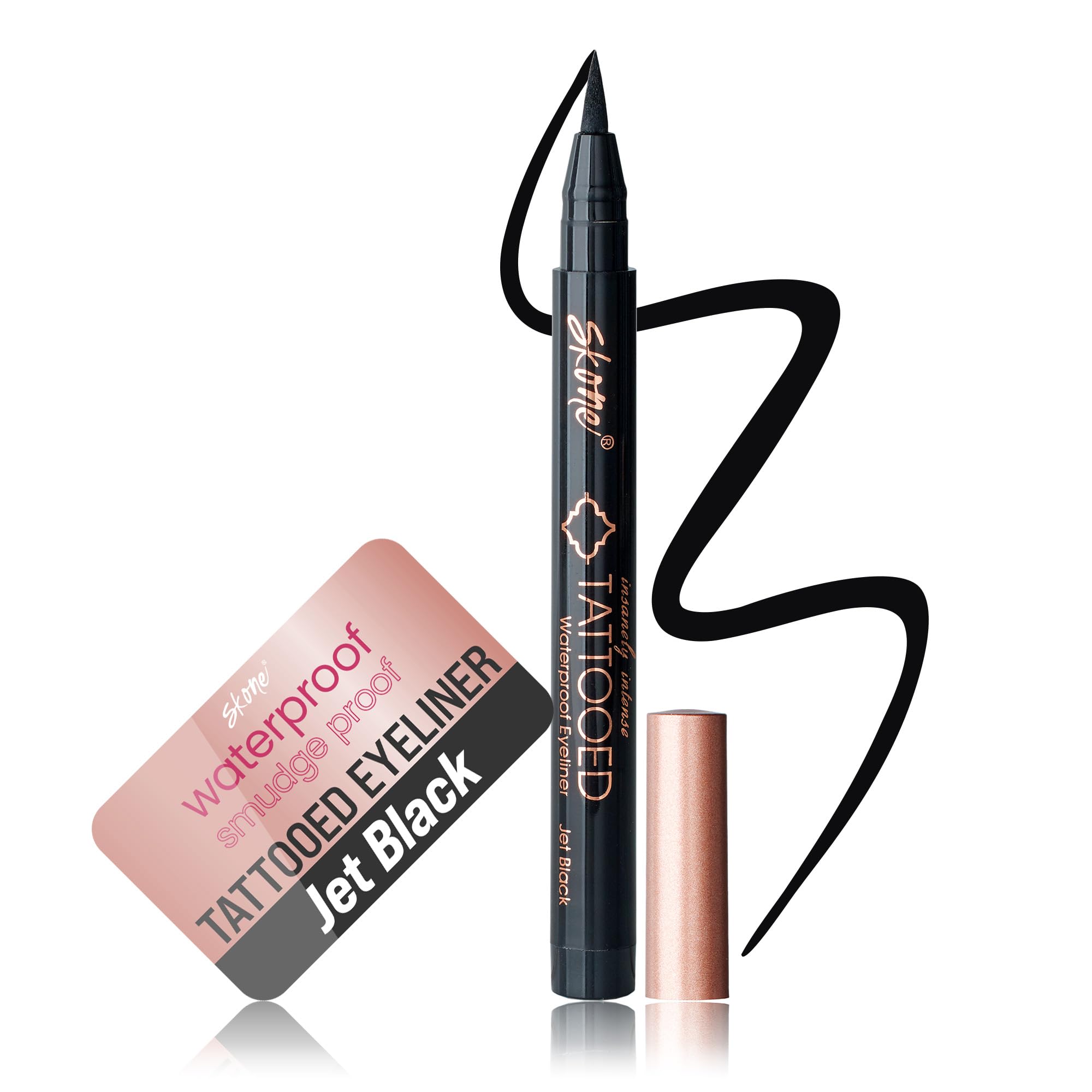 Skone waterproof liquid eyeliner Jet Black with a felt tip for smudge-proof wear.