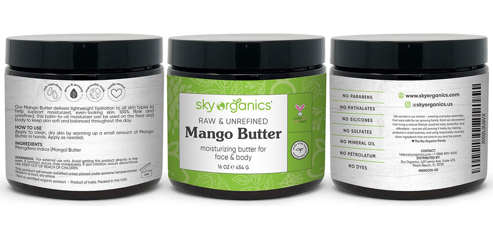Texture transformante de baume à huile, Sky Organics Beurre Mangue apaise peau sèche.