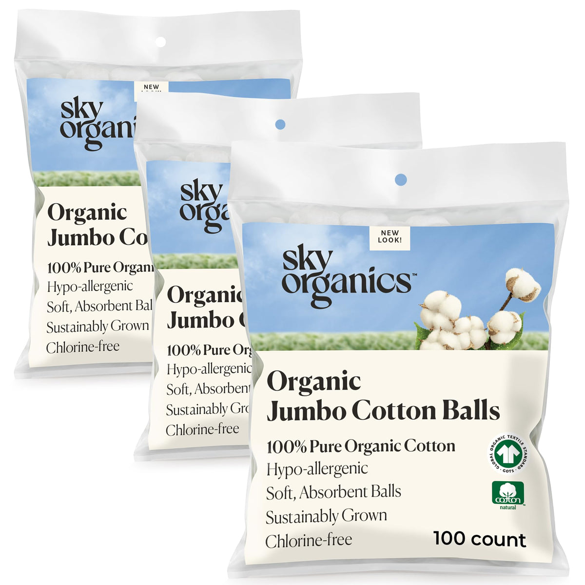Sky Organics boules de coton gros format, idéale pour démaquillage en douceur