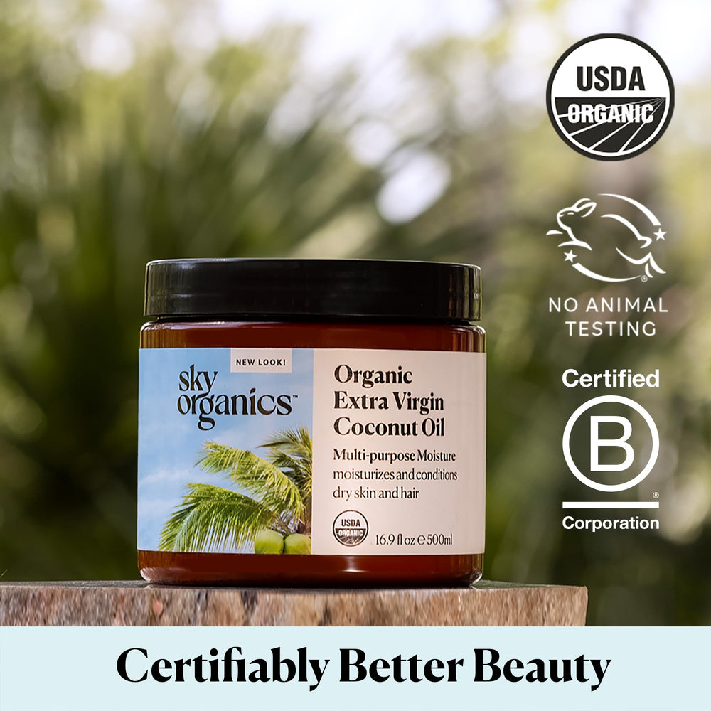 Sky Organics huile coco bio conservation facile – peut solidifier puis liquéfier selon température.