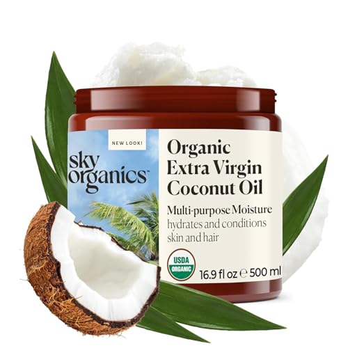 Sky Organics Huile coco bio polyvalente – peau et cheveux, hydratation douce et nourrissante.
