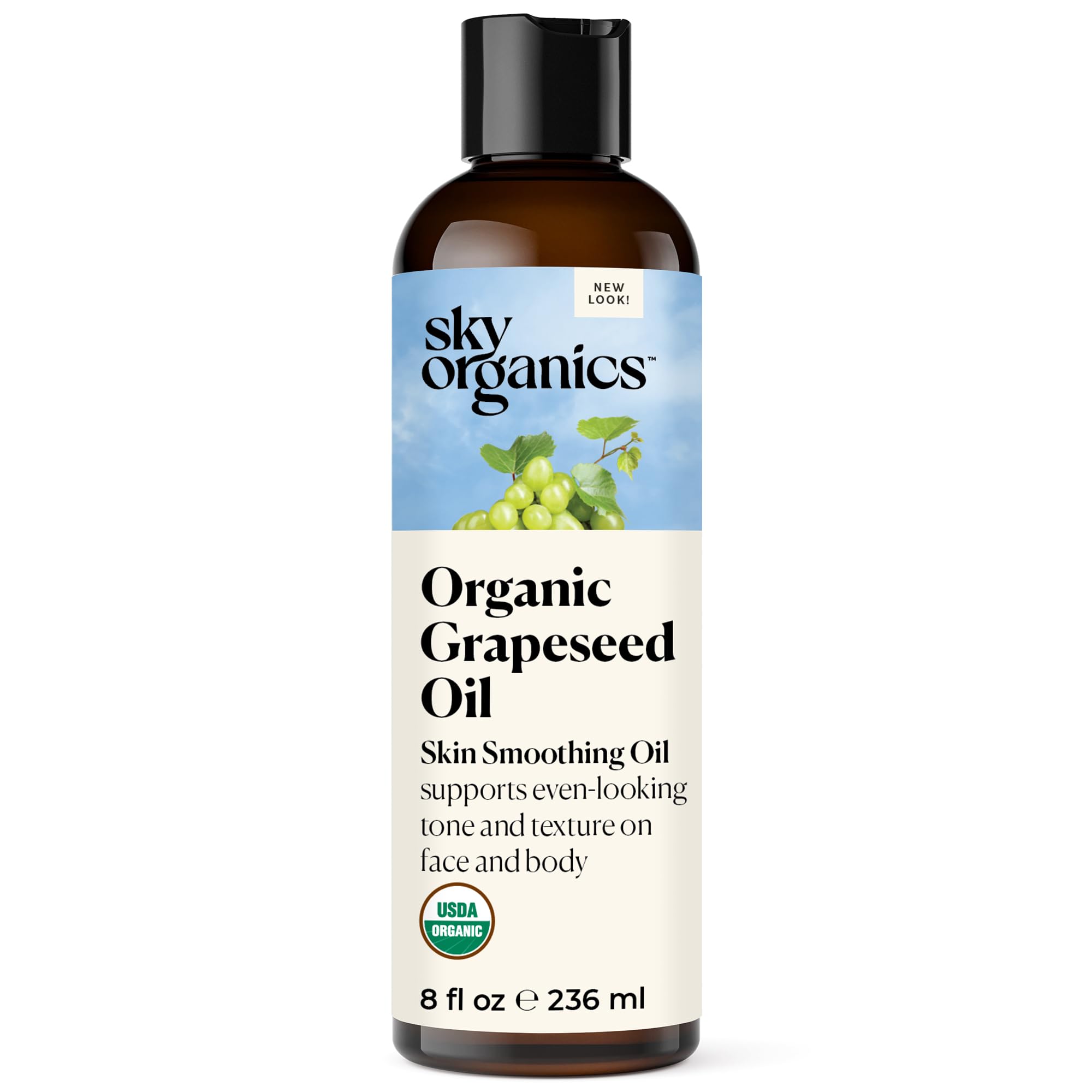 Sky Organics huile de pépins de raisin, bouteille, texture légère et absorption rapide