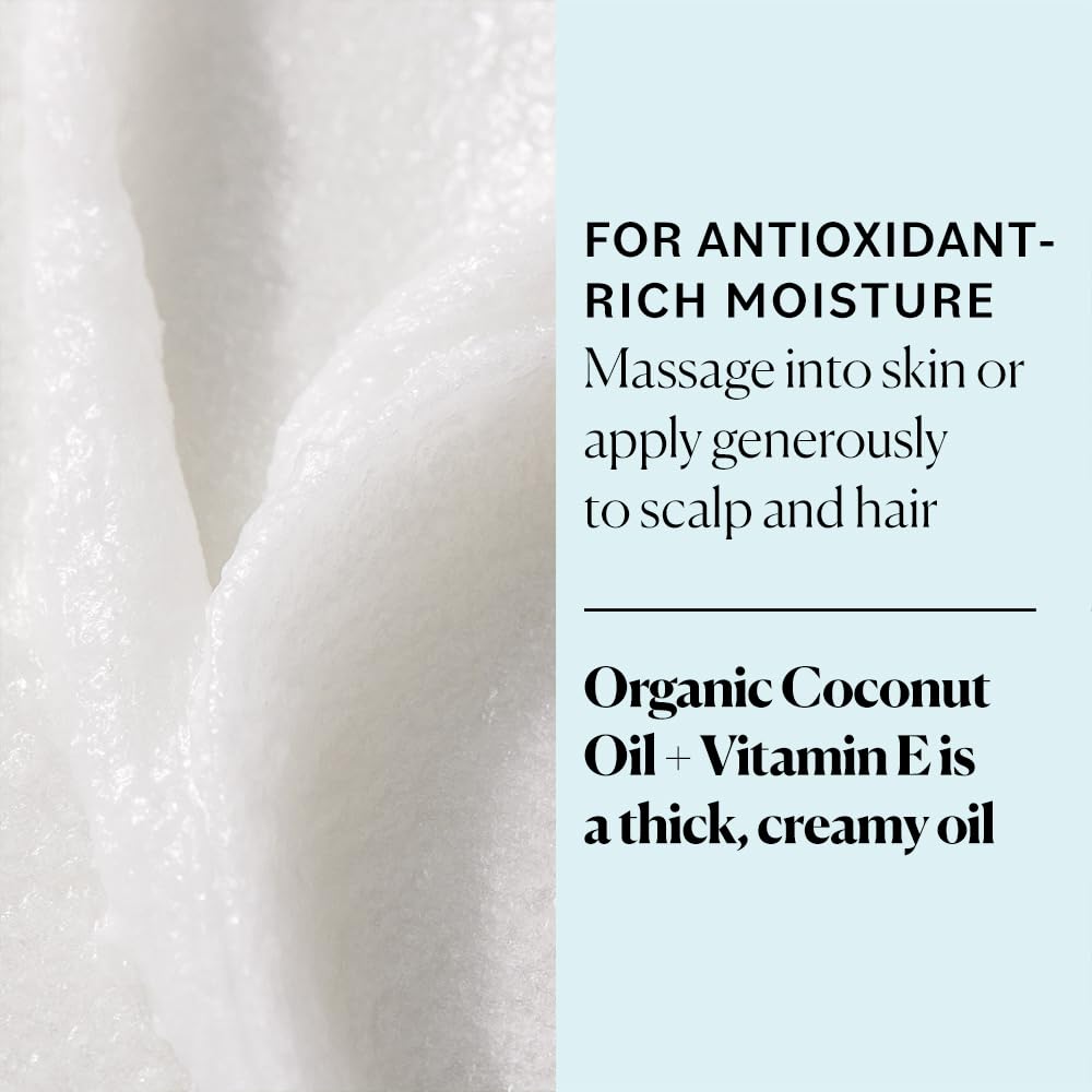 Sky Organics huile coco bio vitamine E: application douce sur peau et cheveux.