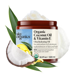 Sky Organics huile noix de coco bio vitamine E en bouteille, hydratation naturelle pour peau et cheveux.