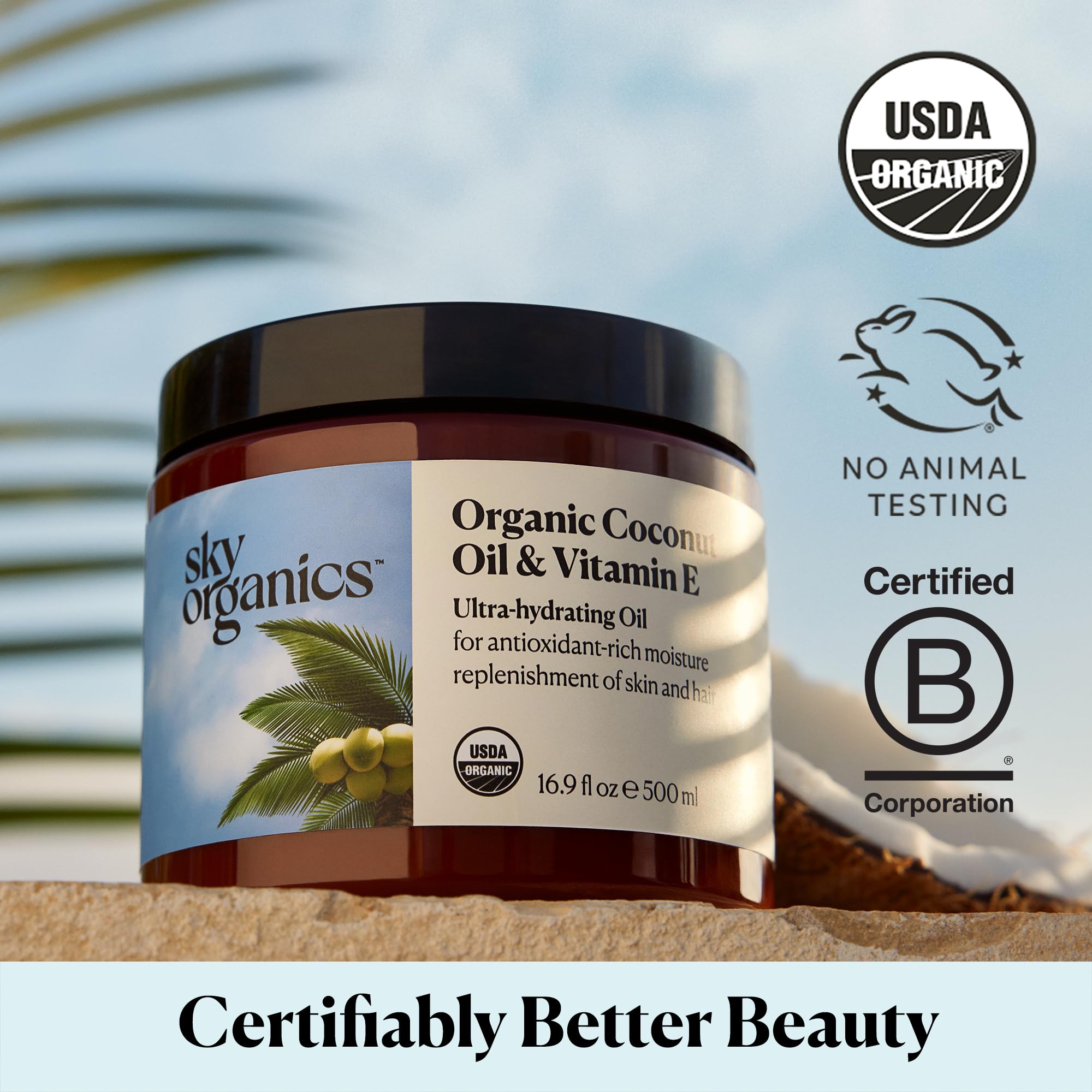 Sky Organics emballage recyclable pour huile de coco bio et vitamine E.