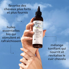 Sky Organics huile ricin romarin - étiquette claire facilitant la routine capillaire.