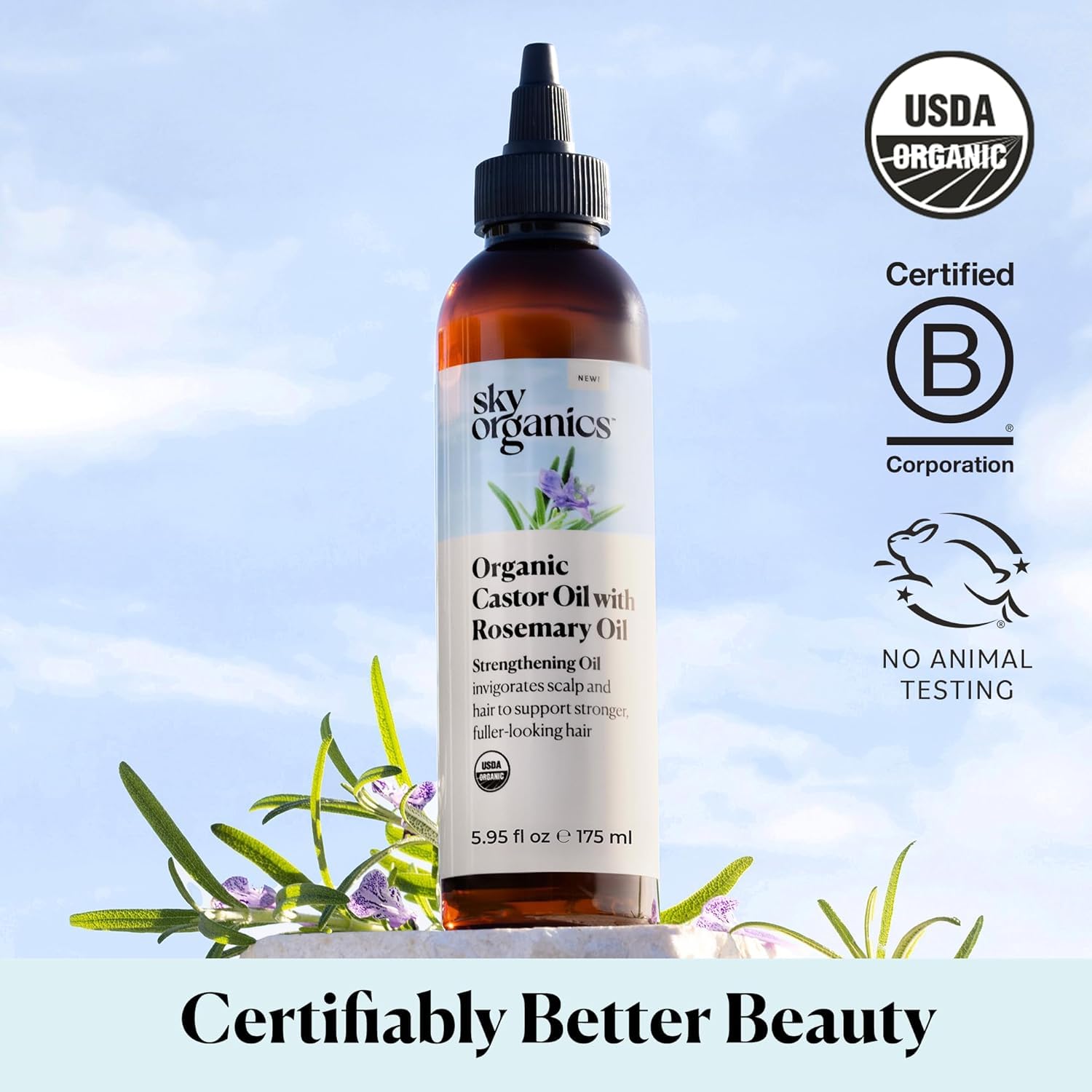 Sky Organics huile ricin romarin - ingrédients purs et transparence.