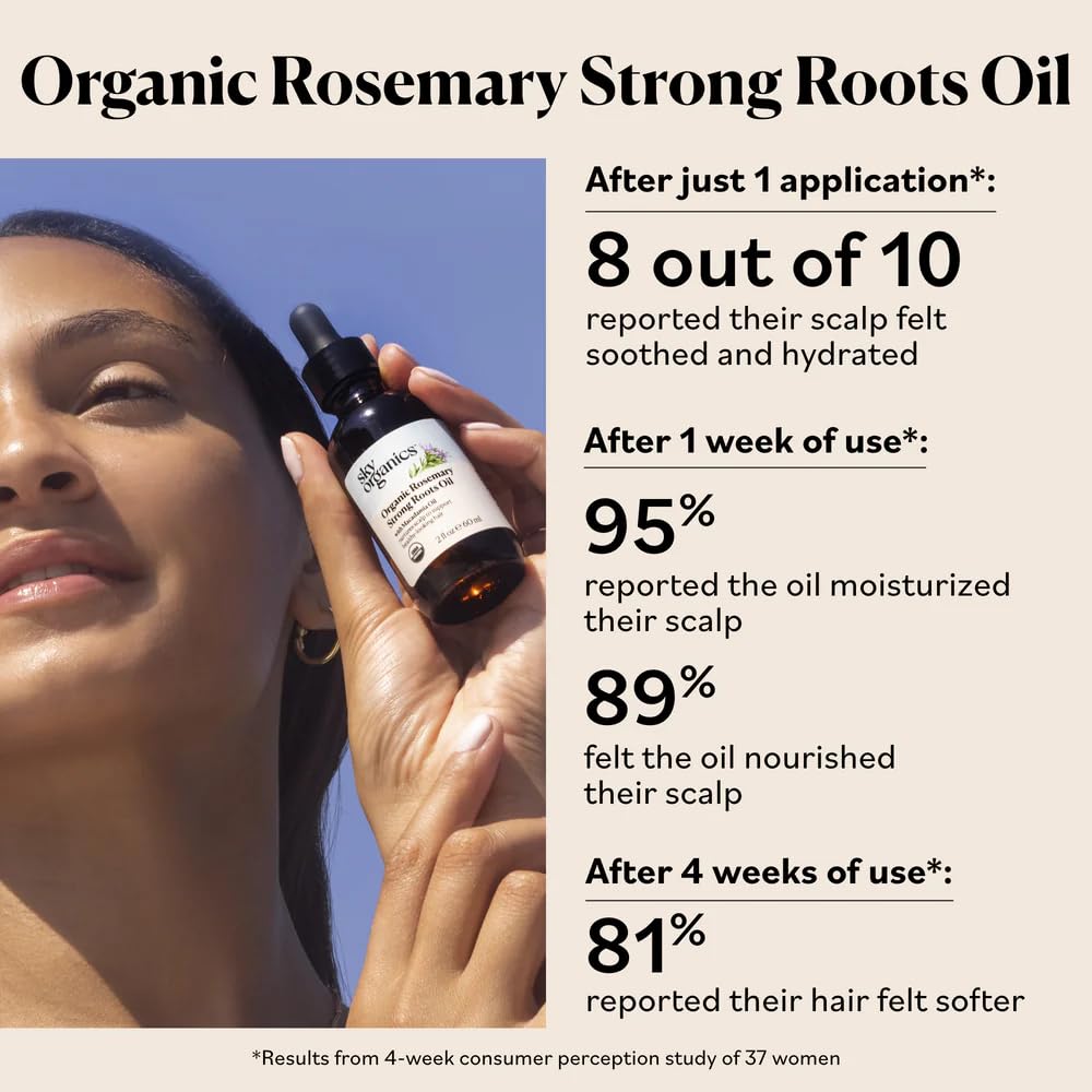 Sky Organics huile romarin – pose d’une heure pour une absorption progressive.