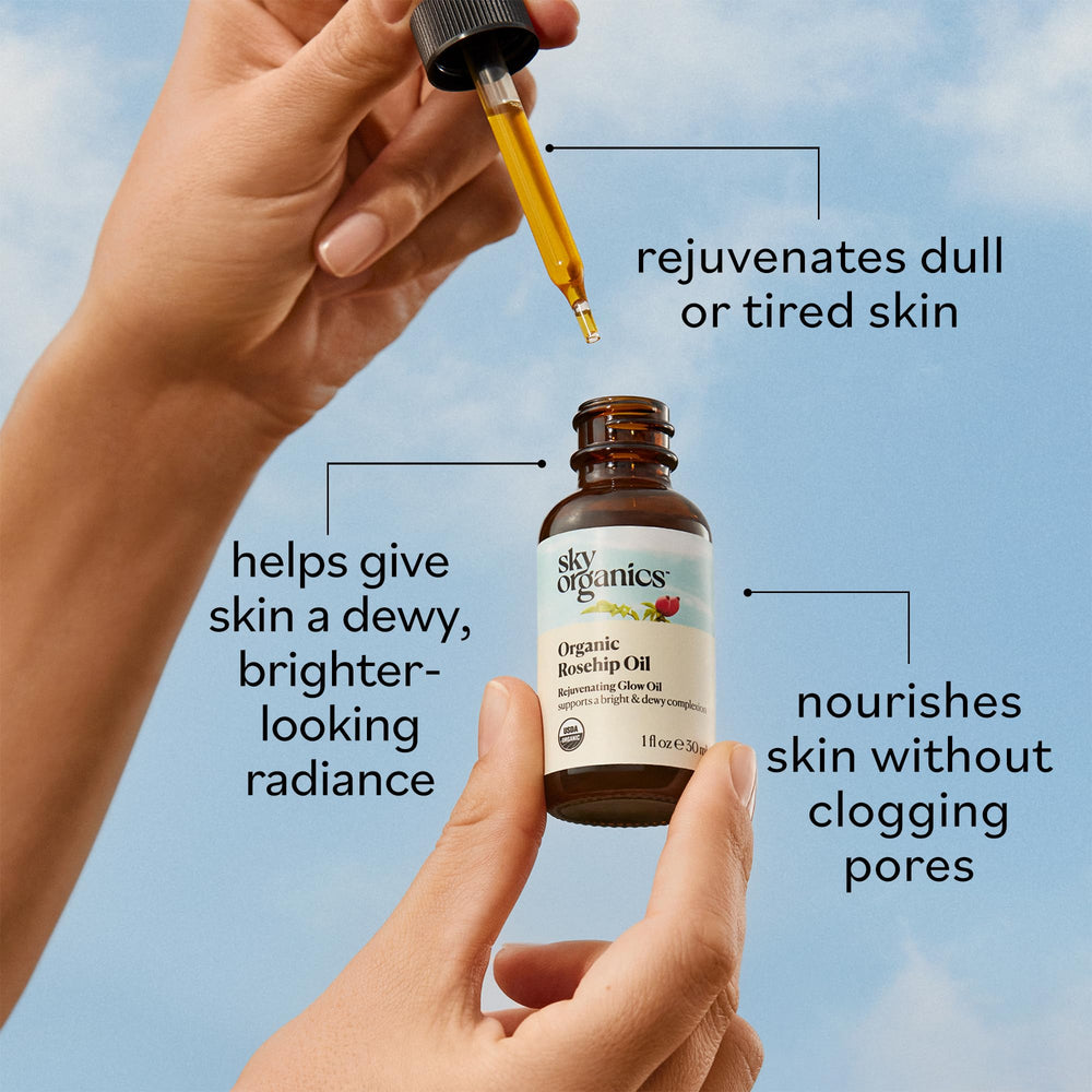 Sky Organics huile rose musquée à absorption rapide pour peau lumineuse.