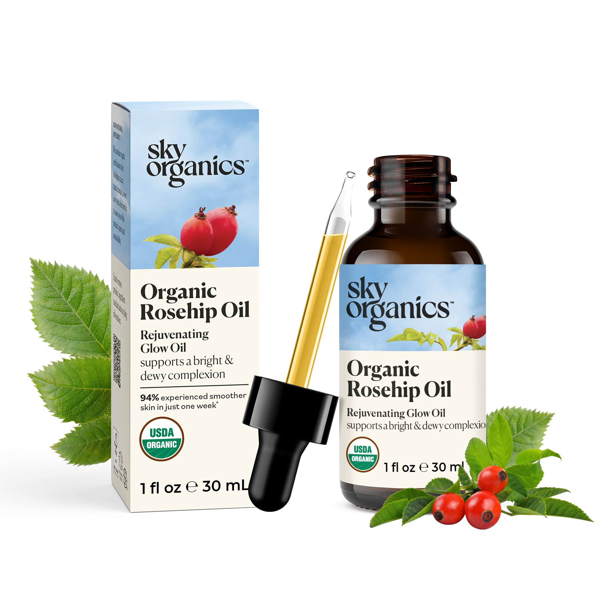 Sky Organics huile rose musquée format voyage sur visage pour un éclat naturel.