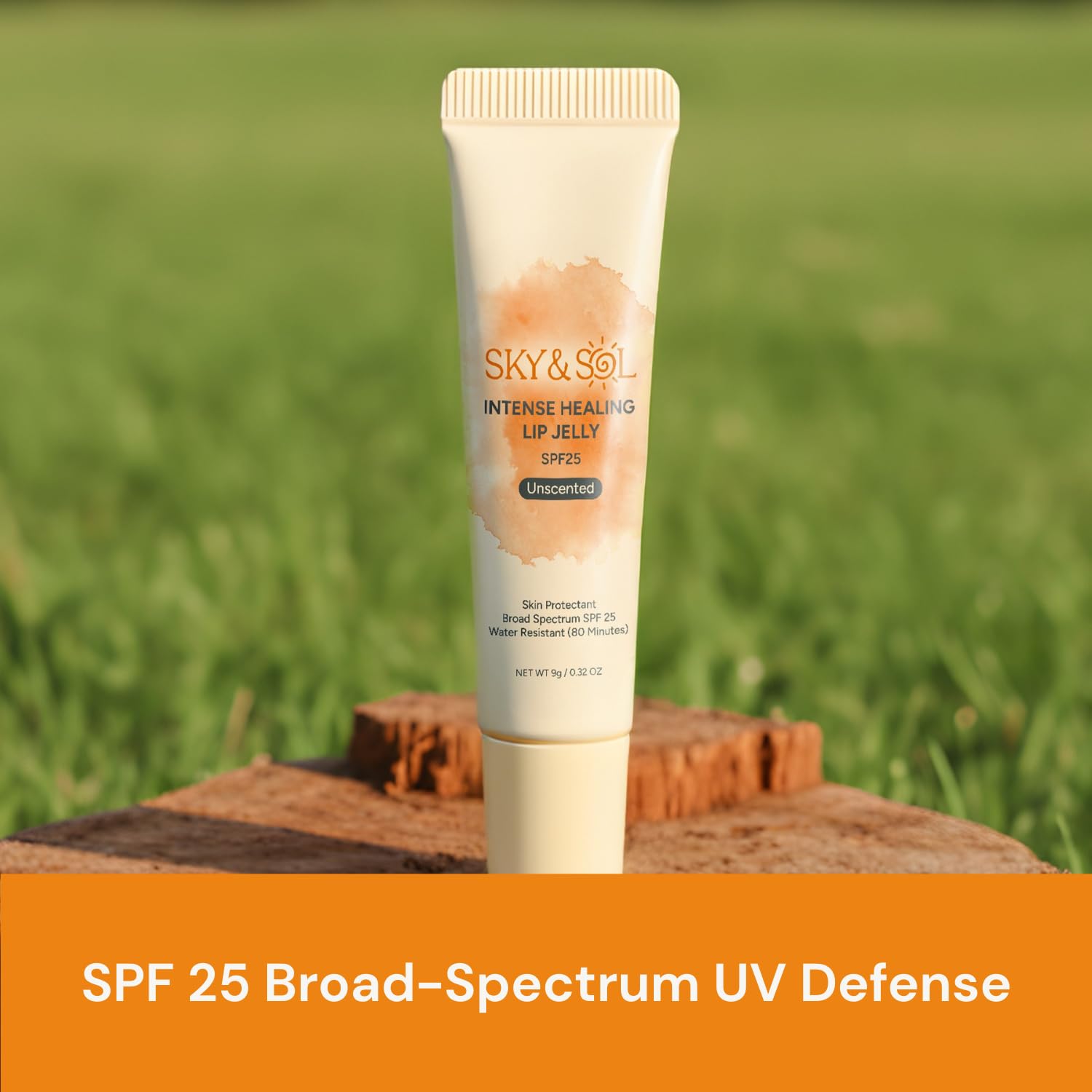 Sky & Sol baume lèvres SPF25, protection solaire légère et durable.