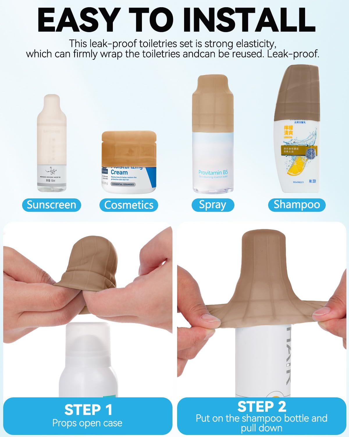 Skyconser leak-proof sleeve keeps toiletries tidy in any carry-on.