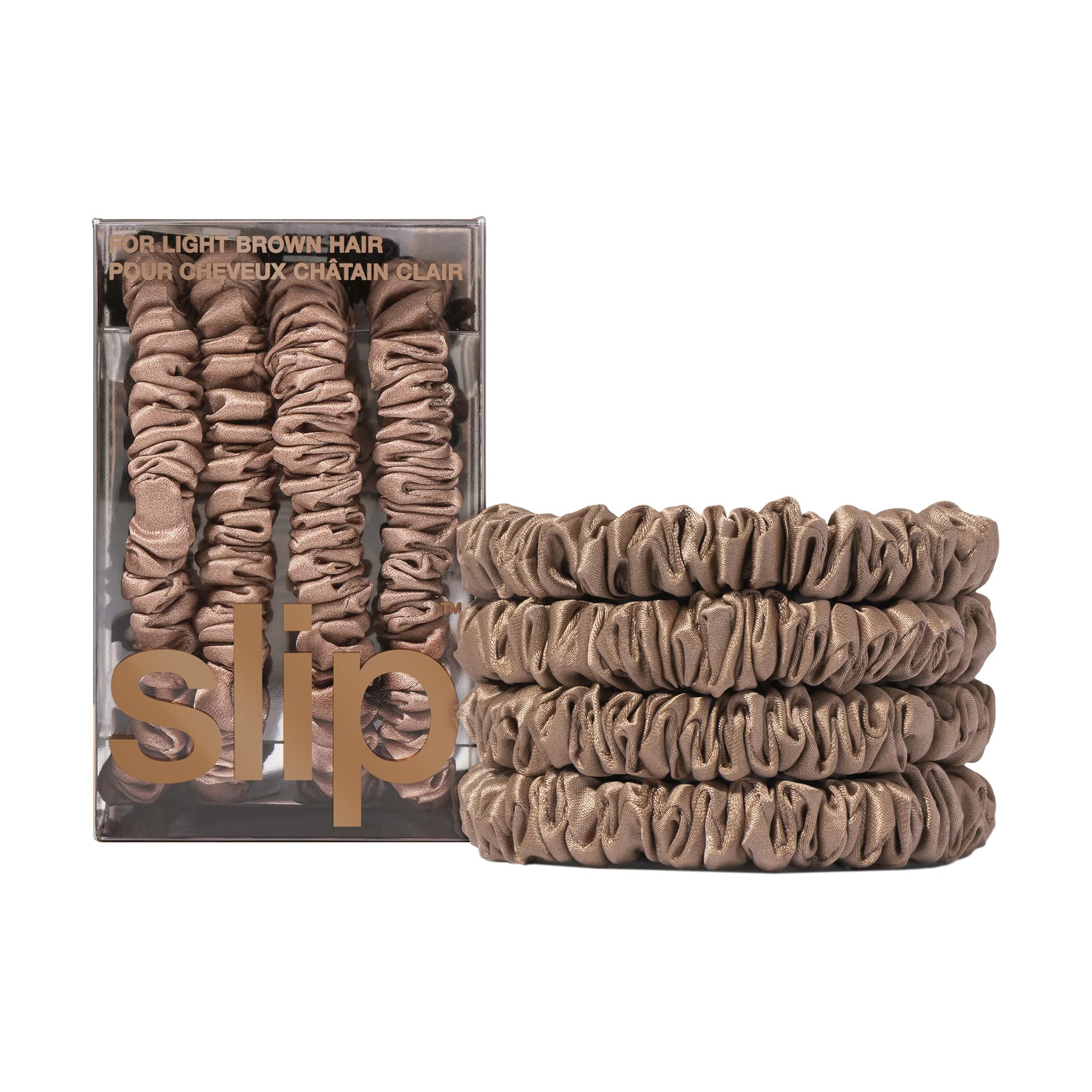 SLIP chouchous skinny en soie brun clair – ensemble de 4 pour cheveux lisses.